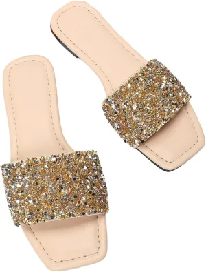 Verdusa Women's Rhinestone Sandals Glitter Casual Sandal Flats Open Toe Sparkle Slides