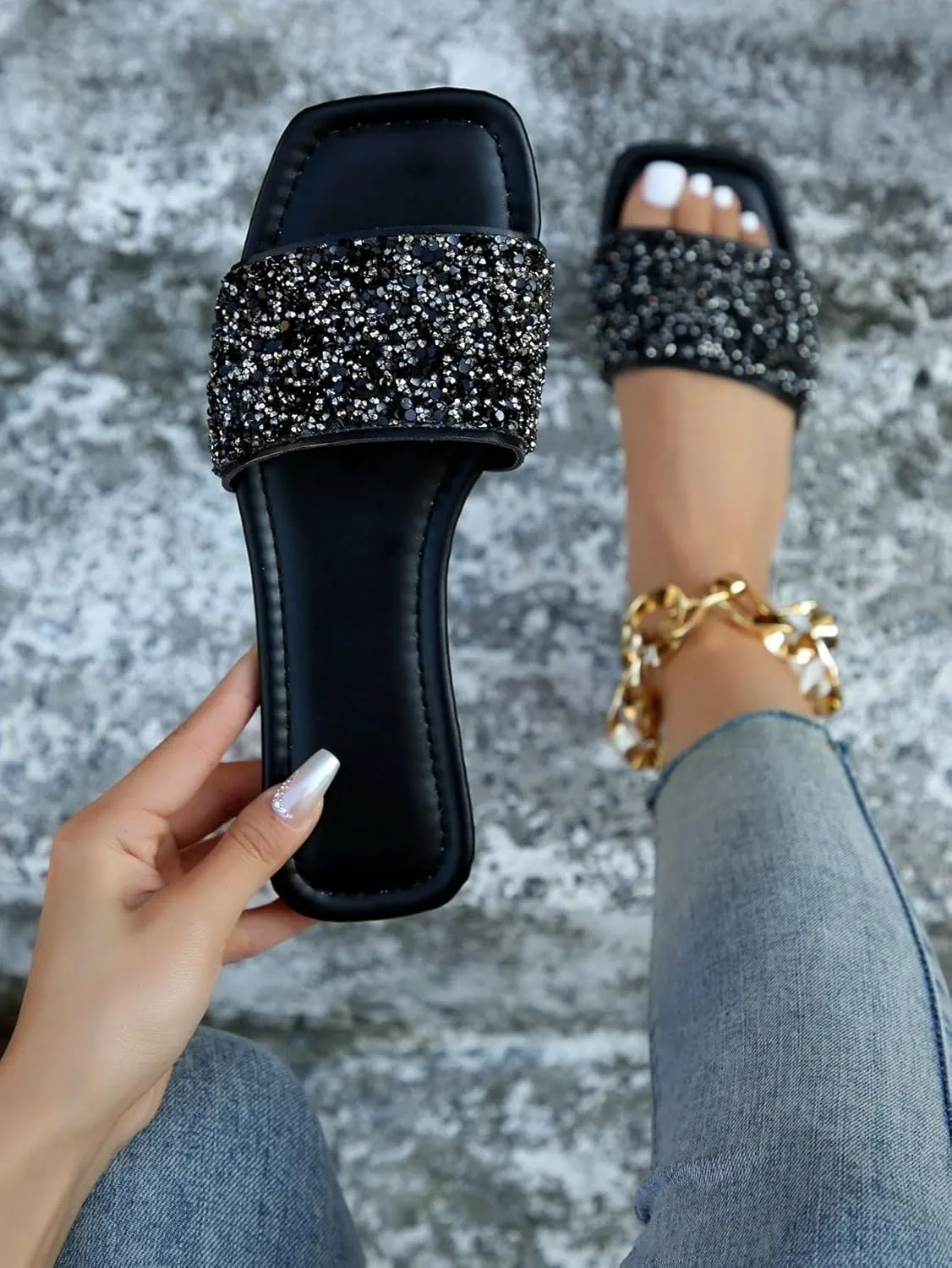 Verdusa Women's Rhinestone Sandals Glitter Casual Sandal Flats Open Toe Sparkle Slides