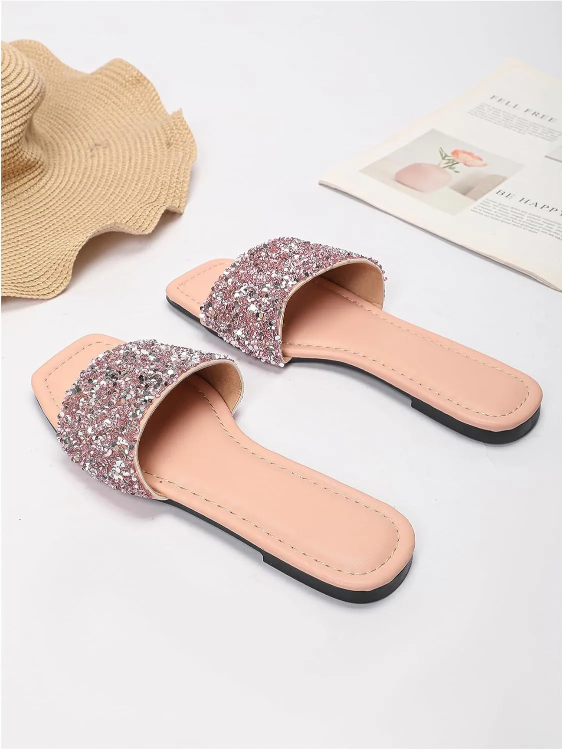 Verdusa Women's Rhinestone Sandals Glitter Casual Sandal Flats Open Toe Sparkle Slides