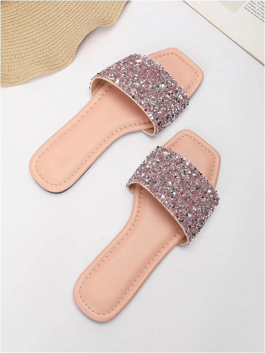 Verdusa Women's Rhinestone Sandals Glitter Casual Sandal Flats Open Toe Sparkle Slides