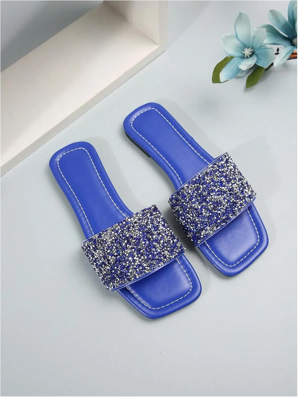 Verdusa Women's Rhinestone Sandals Glitter Casual Sandal Flats Open Toe Sparkle Slides