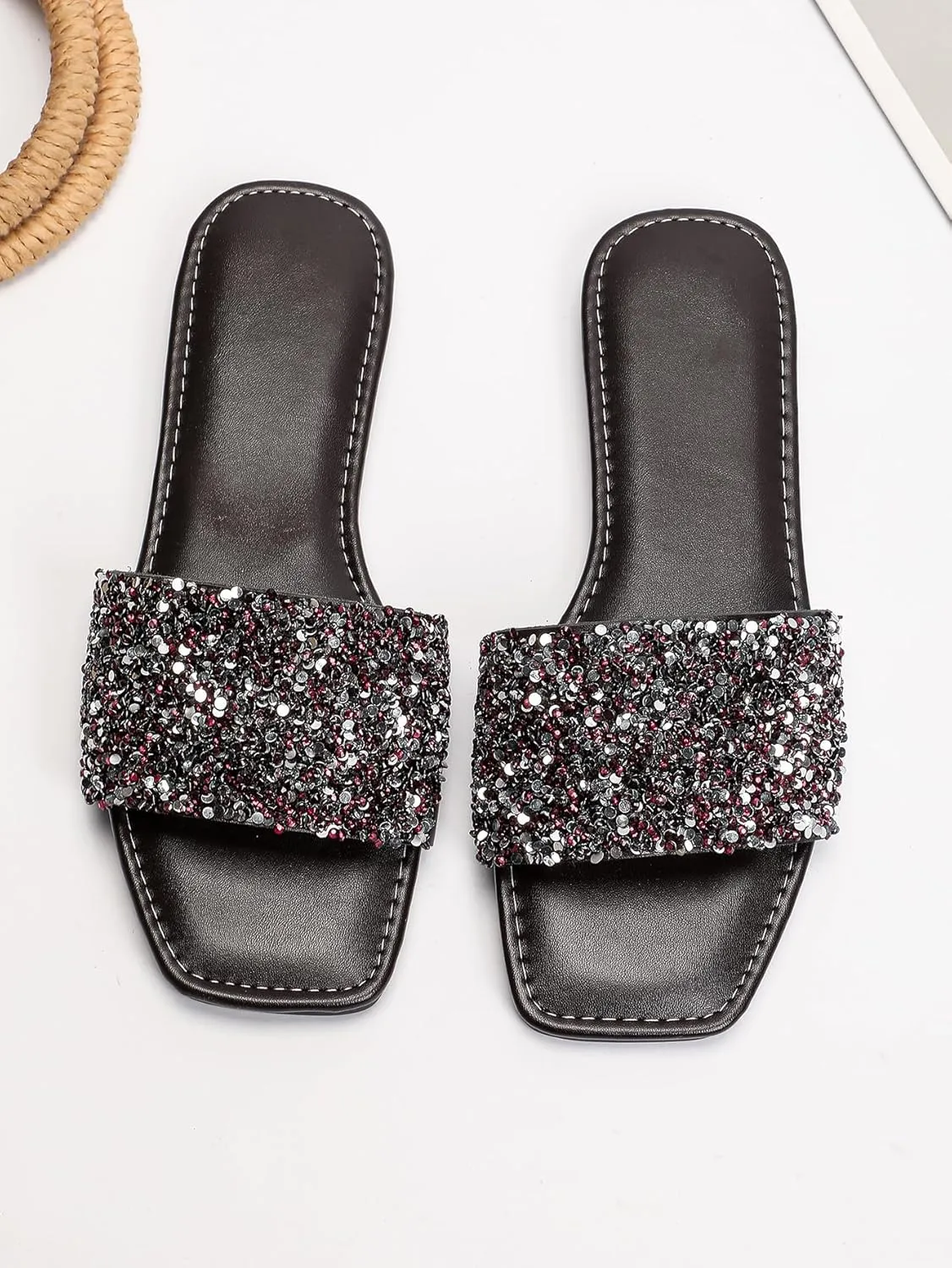 Verdusa Women's Rhinestone Sandals Glitter Casual Sandal Flats Open Toe Sparkle Slides