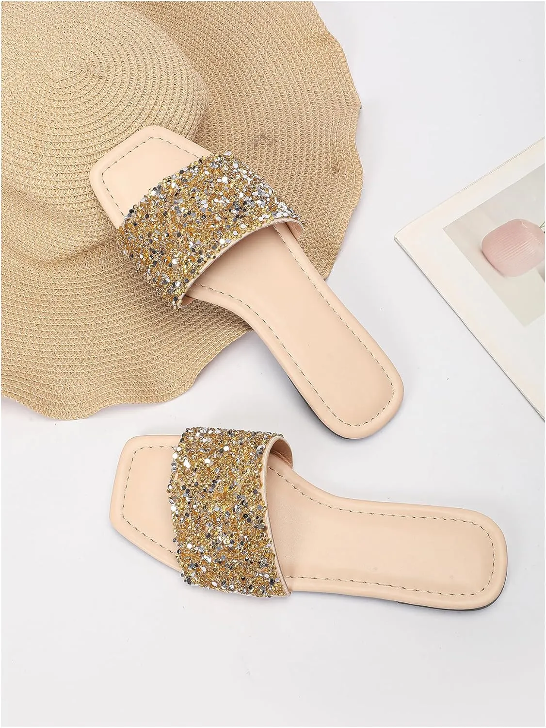 Verdusa Women's Rhinestone Sandals Glitter Casual Sandal Flats Open Toe Sparkle Slides