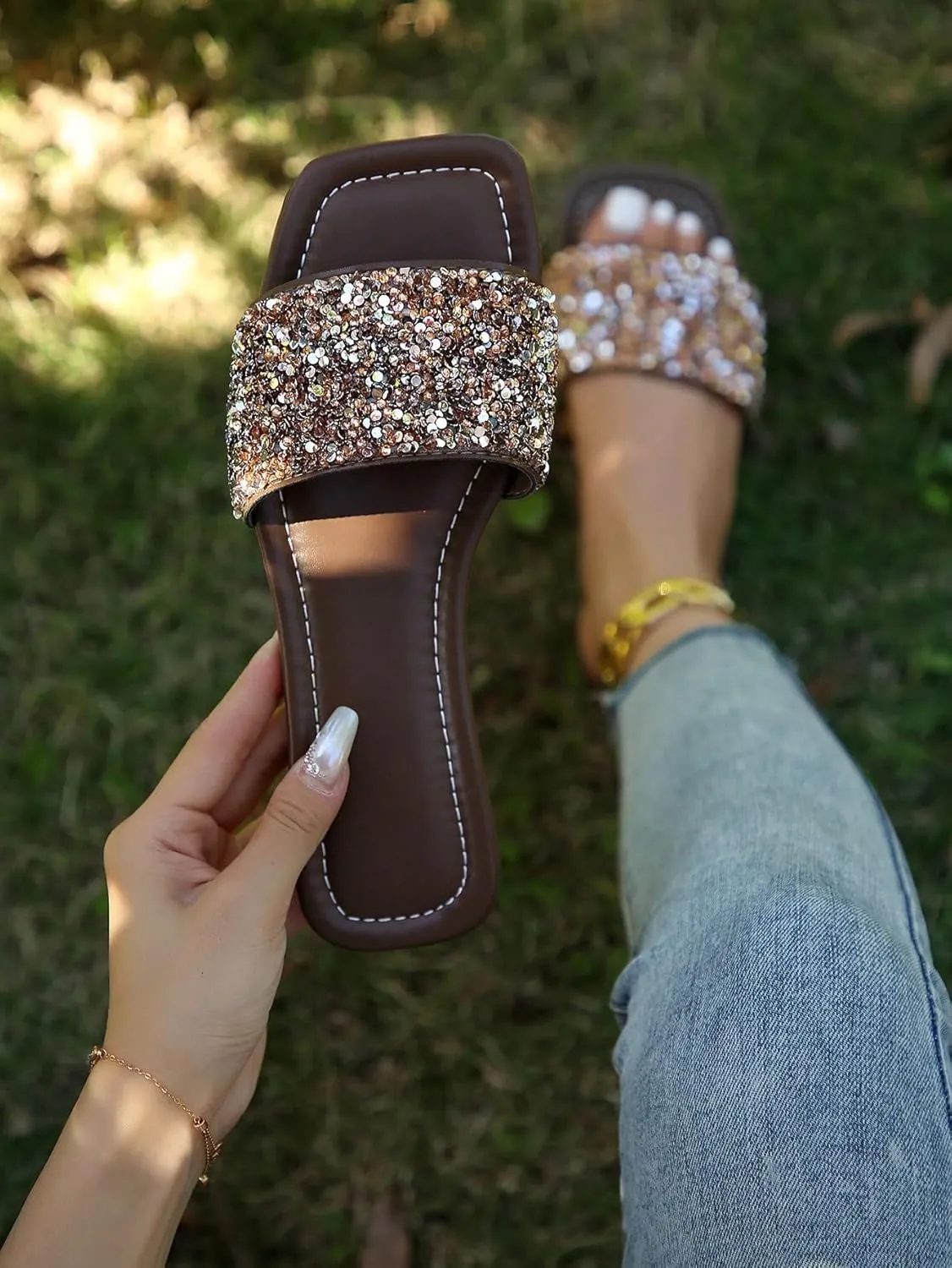 Verdusa Women's Rhinestone Sandals Glitter Casual Sandal Flats Open Toe Sparkle Slides