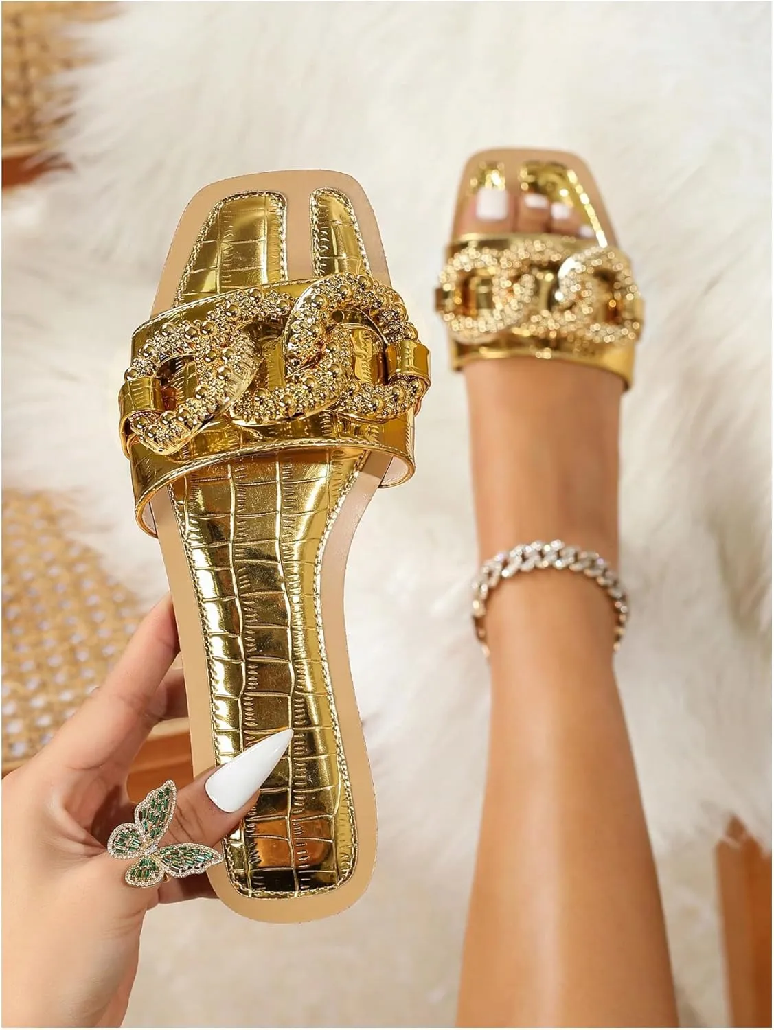 Verdusa Women's Square Toe Sandals Buckle Flats Slip On Outdoor Slides