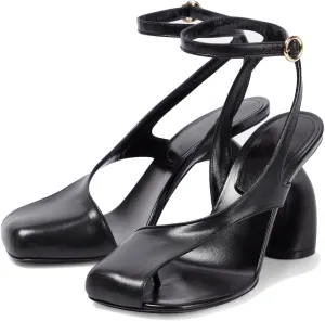 Vertundy Women's Flip Flop Heels High Heeled Sandals Leather Chunky Square Toe Adjustable Ankle Strap Buckle Dress Fashion Sandals