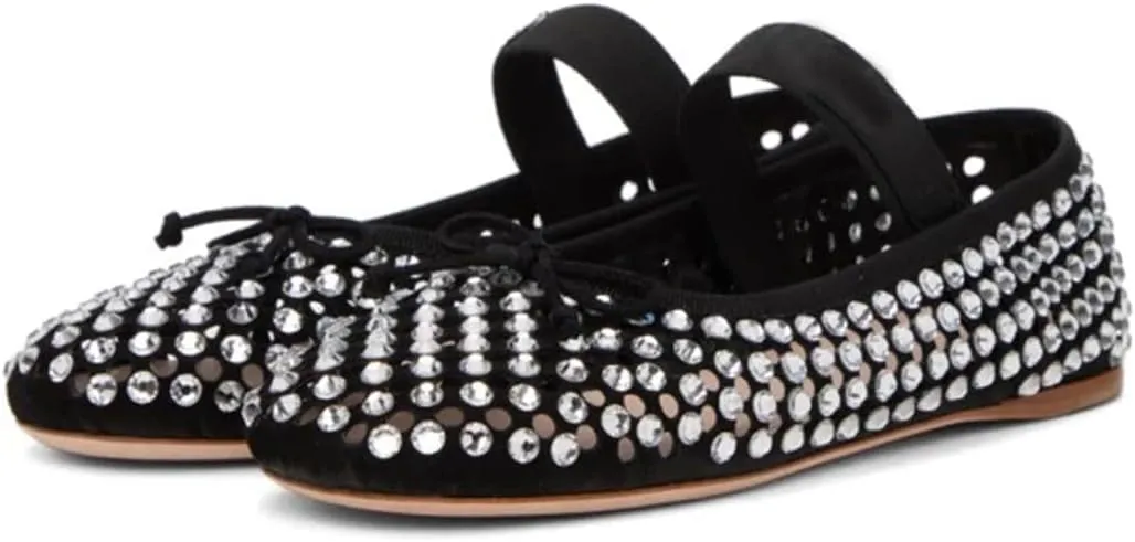 Vertundy Women's Rhinestone Ballet Flats Shoes with Mesh Stretch Strap Round Toe Glitter Ballerina Flats Party Wedding Dress Shoes