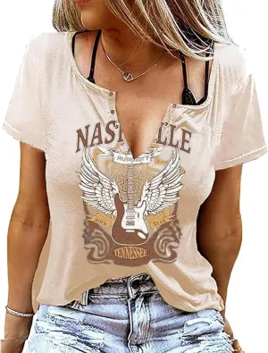 Vintage Rock Roll Concert T-Shirt Women Loose Casual Shirt Tops Funny Skeleton Eagle Graphics V Neck Short Sleeve
