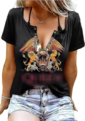 Vintage Rock Roll Concert T-Shirt Women Loose Casual Shirt Tops Funny Skeleton Eagle Graphics V Neck Short Sleeve