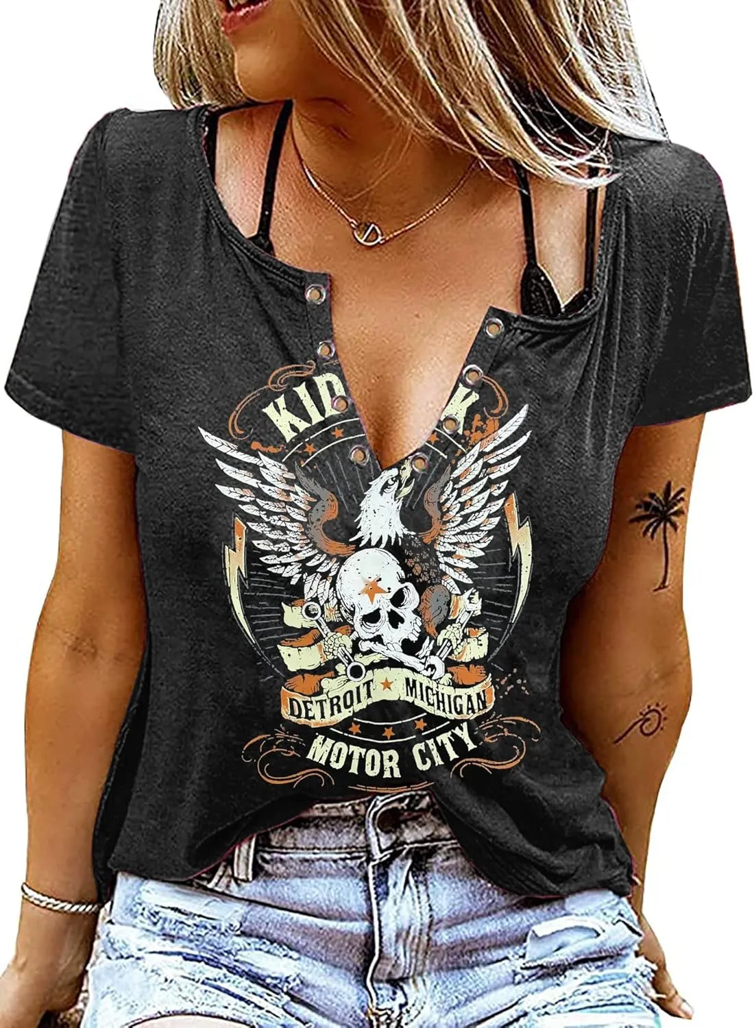 Vintage Rock Roll Concert T-Shirt Women Loose Casual Shirt Tops Funny Skeleton Eagle Graphics V Neck Short Sleeve