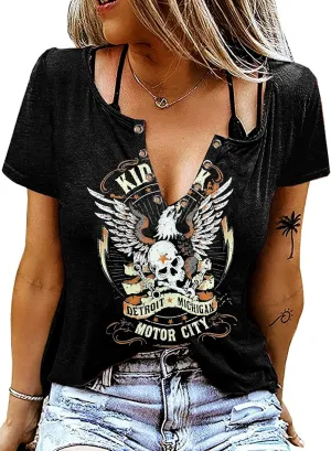 Vintage Rock Roll Concert T-Shirt Women Loose Casual Shirt Tops Funny Skeleton Eagle Graphics V Neck Short Sleeve