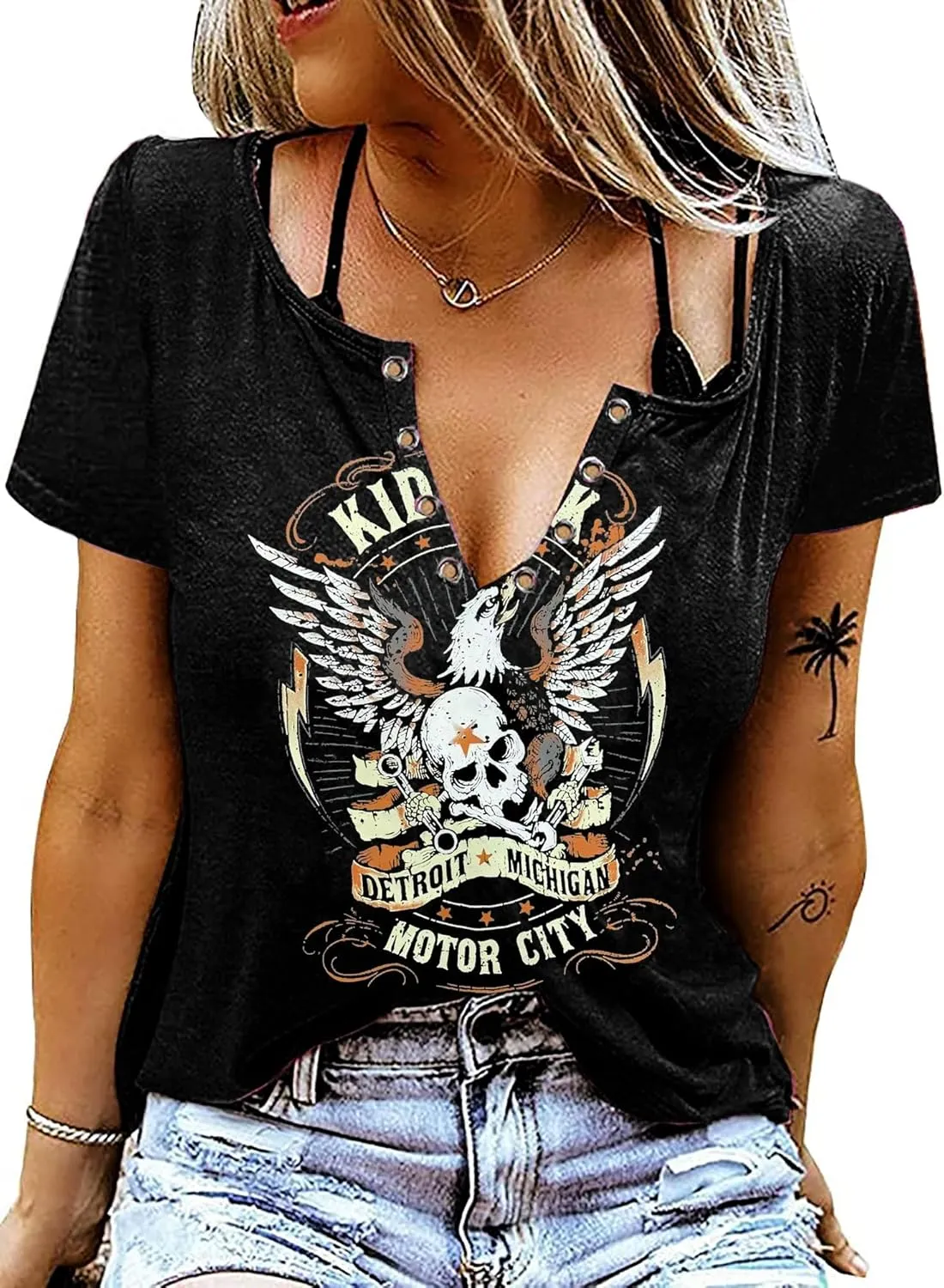 Vintage Rock Roll Concert T-Shirt Women Loose Casual Shirt Tops Funny Skeleton Eagle Graphics V Neck Short Sleeve