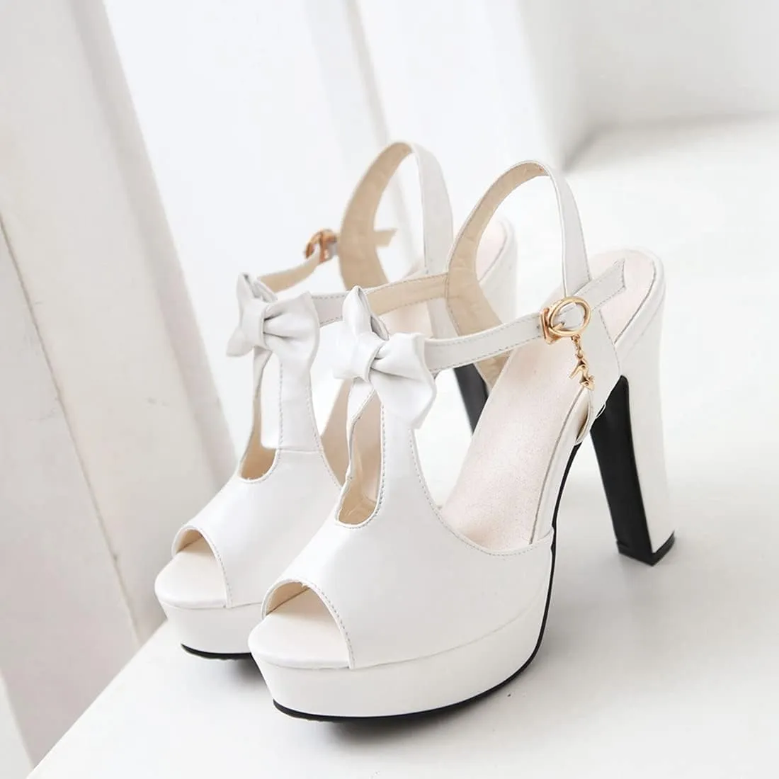VOKLIN MISTU Women's Fashion Bow T-strap Peep Toe Platform High Heel Sandals Party Evening Pump Dress Heeled Sandal