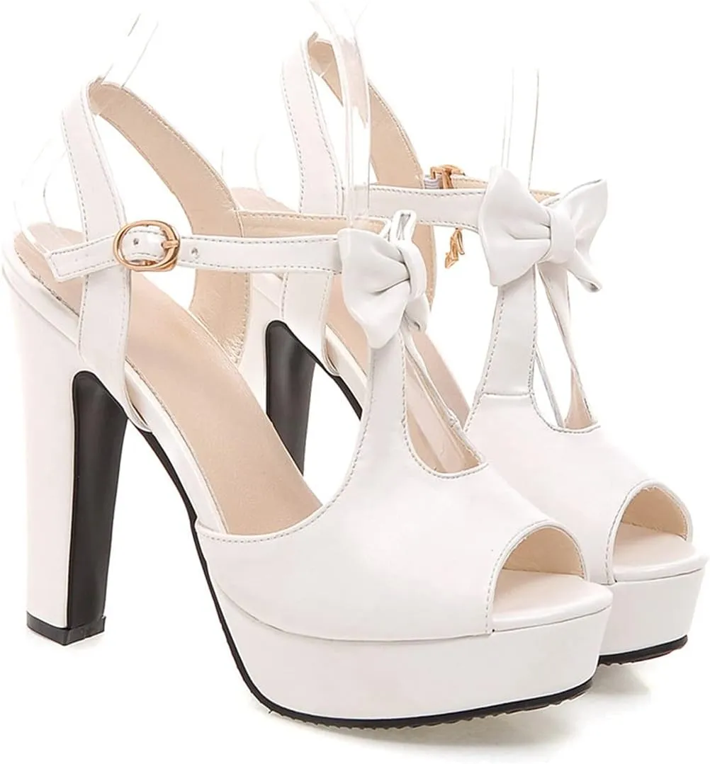 VOKLIN MISTU Women's Fashion Bow T-strap Peep Toe Platform High Heel Sandals Party Evening Pump Dress Heeled Sandal