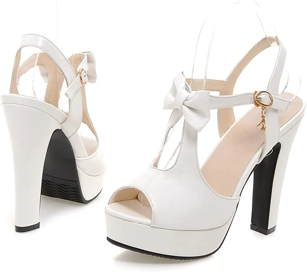 VOKLIN MISTU Women's Fashion Bow T-strap Peep Toe Platform High Heel Sandals Party Evening Pump Dress Heeled Sandal