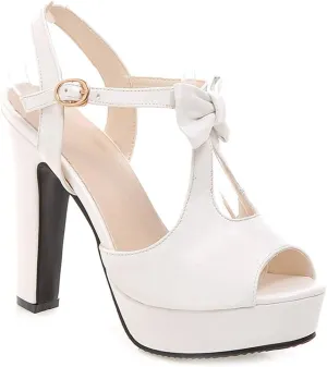 VOKLIN MISTU Women's Fashion Bow T-strap Peep Toe Platform High Heel Sandals Party Evening Pump Dress Heeled Sandal