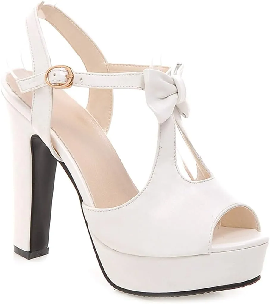 VOKLIN MISTU Women's Fashion Bow T-strap Peep Toe Platform High Heel Sandals Party Evening Pump Dress Heeled Sandal