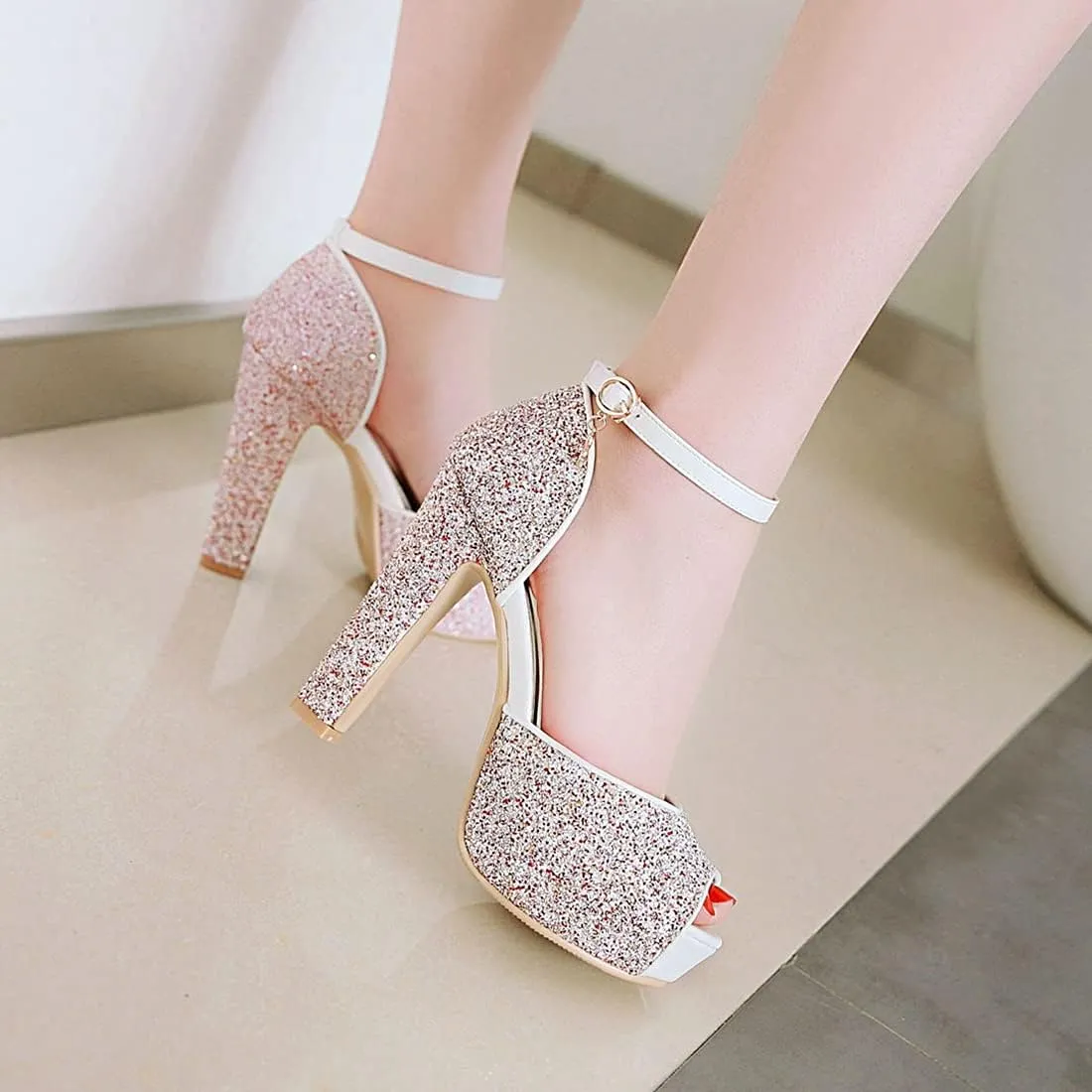 VOKLIN MISTU Women's Fashion Glitter Platform High Heel Dressy Sandals Peep Toe Party Evening Pump Heeled Sandal