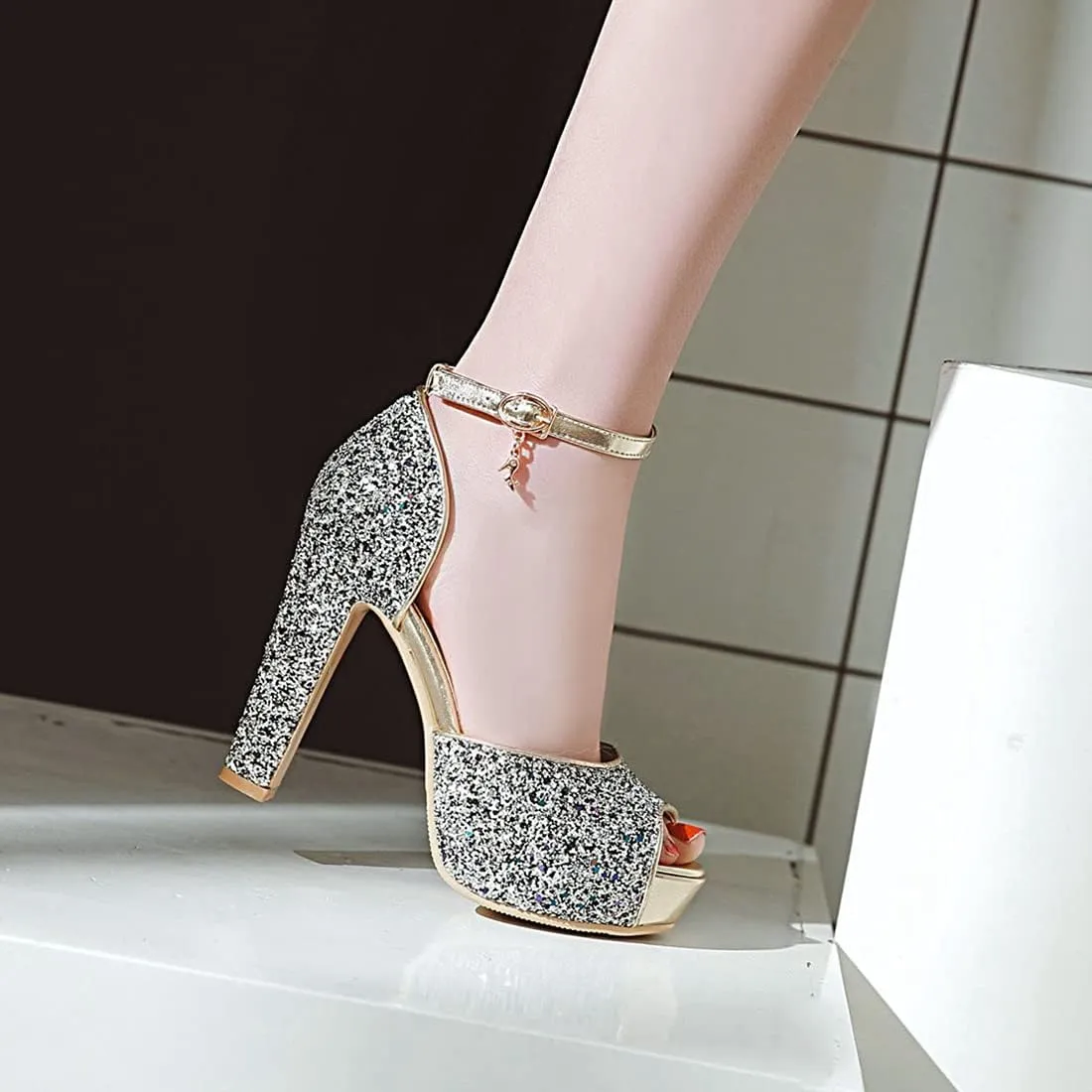 VOKLIN MISTU Women's Fashion Glitter Platform High Heel Dressy Sandals Peep Toe Party Evening Pump Heeled Sandal