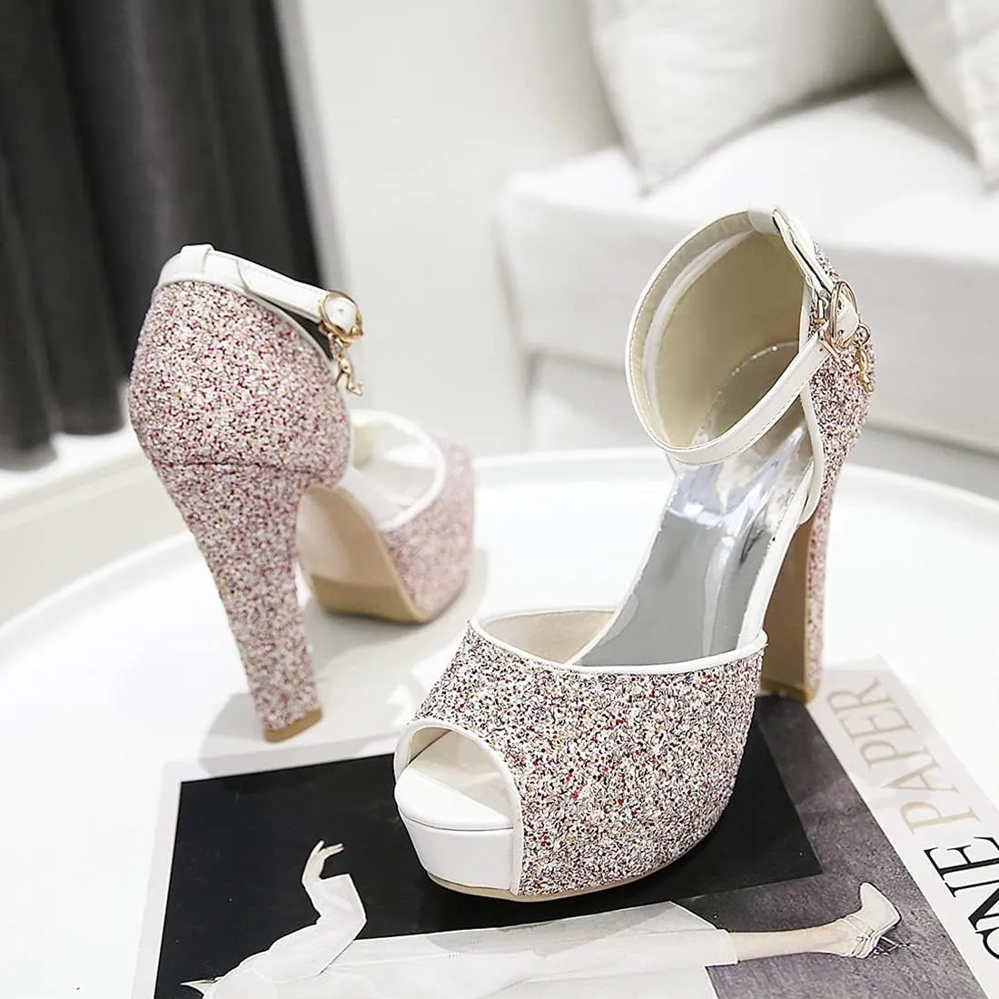 VOKLIN MISTU Women's Fashion Glitter Platform High Heel Dressy Sandals Peep Toe Party Evening Pump Heeled Sandal