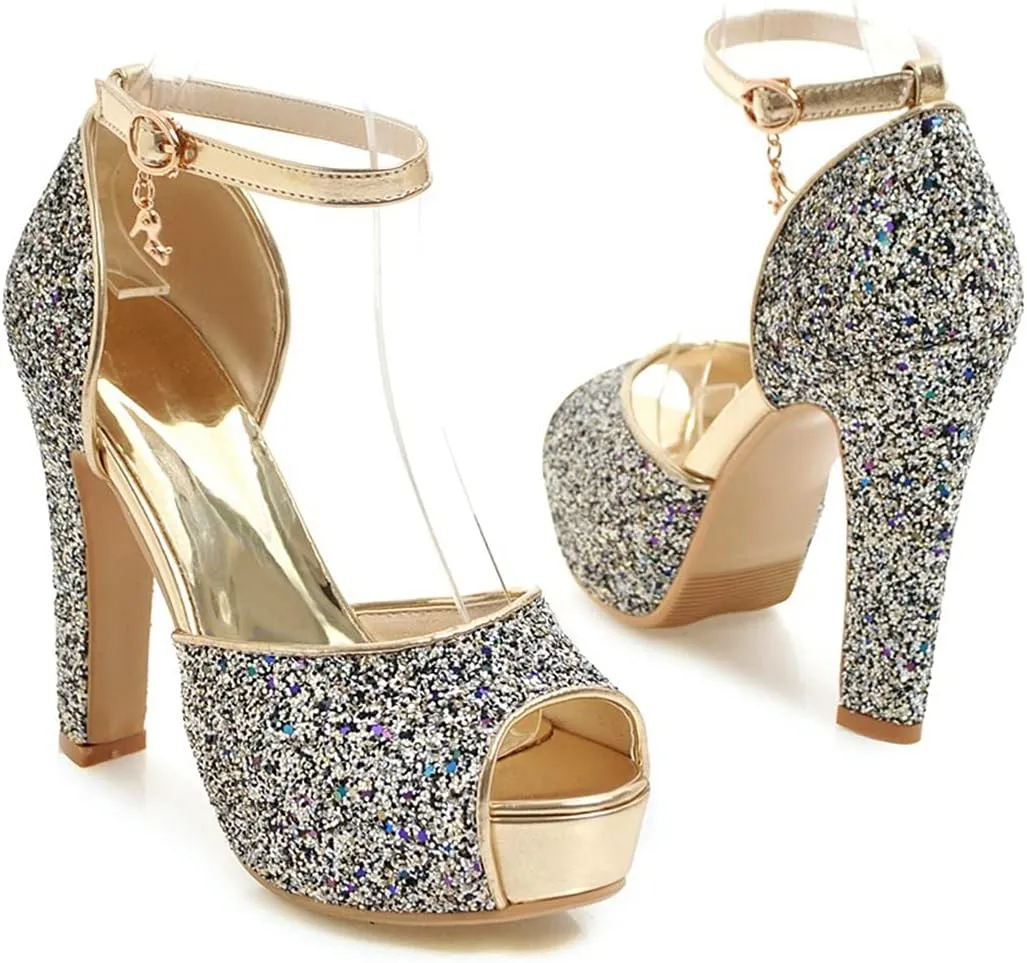 VOKLIN MISTU Women's Fashion Glitter Platform High Heel Dressy Sandals Peep Toe Party Evening Pump Heeled Sandal