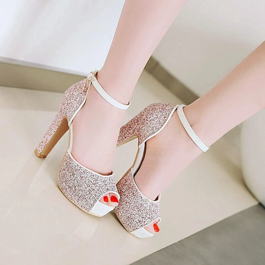 VOKLIN MISTU Women's Fashion Glitter Platform High Heel Dressy Sandals Peep Toe Party Evening Pump Heeled Sandal