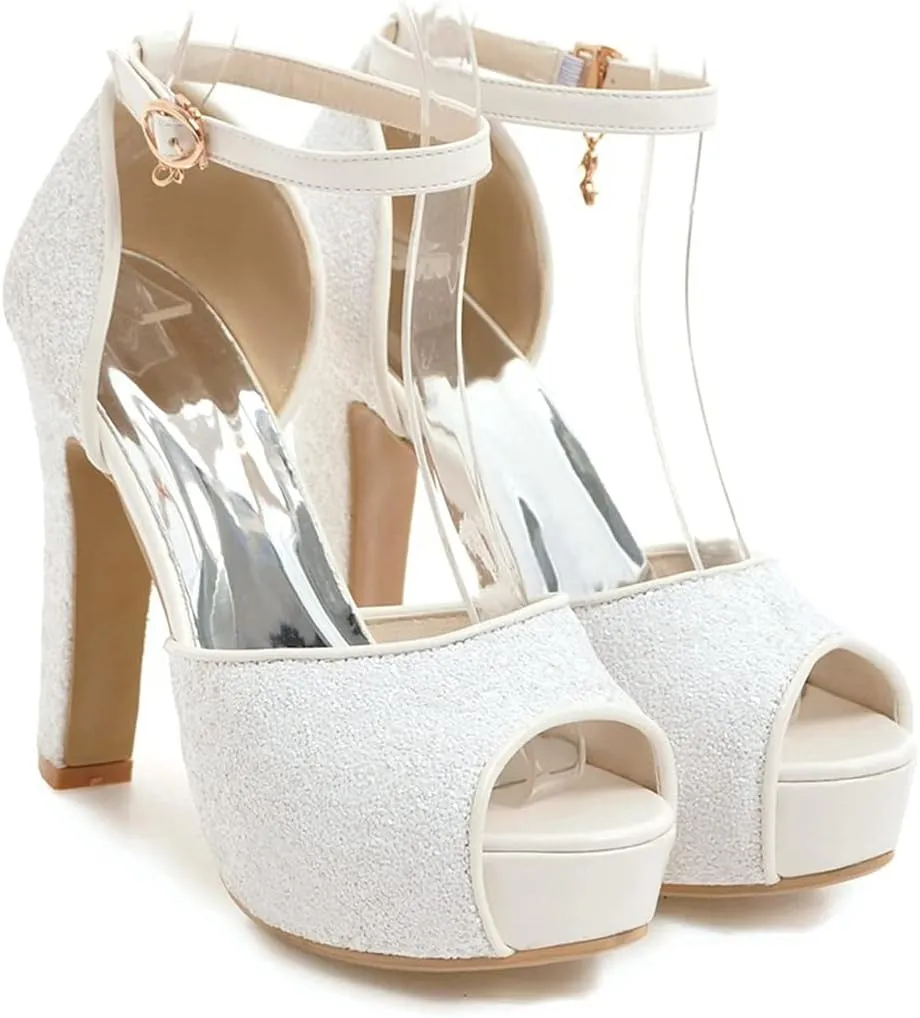 VOKLIN MISTU Women's Fashion Glitter Platform High Heel Dressy Sandals Peep Toe Party Evening Pump Heeled Sandal