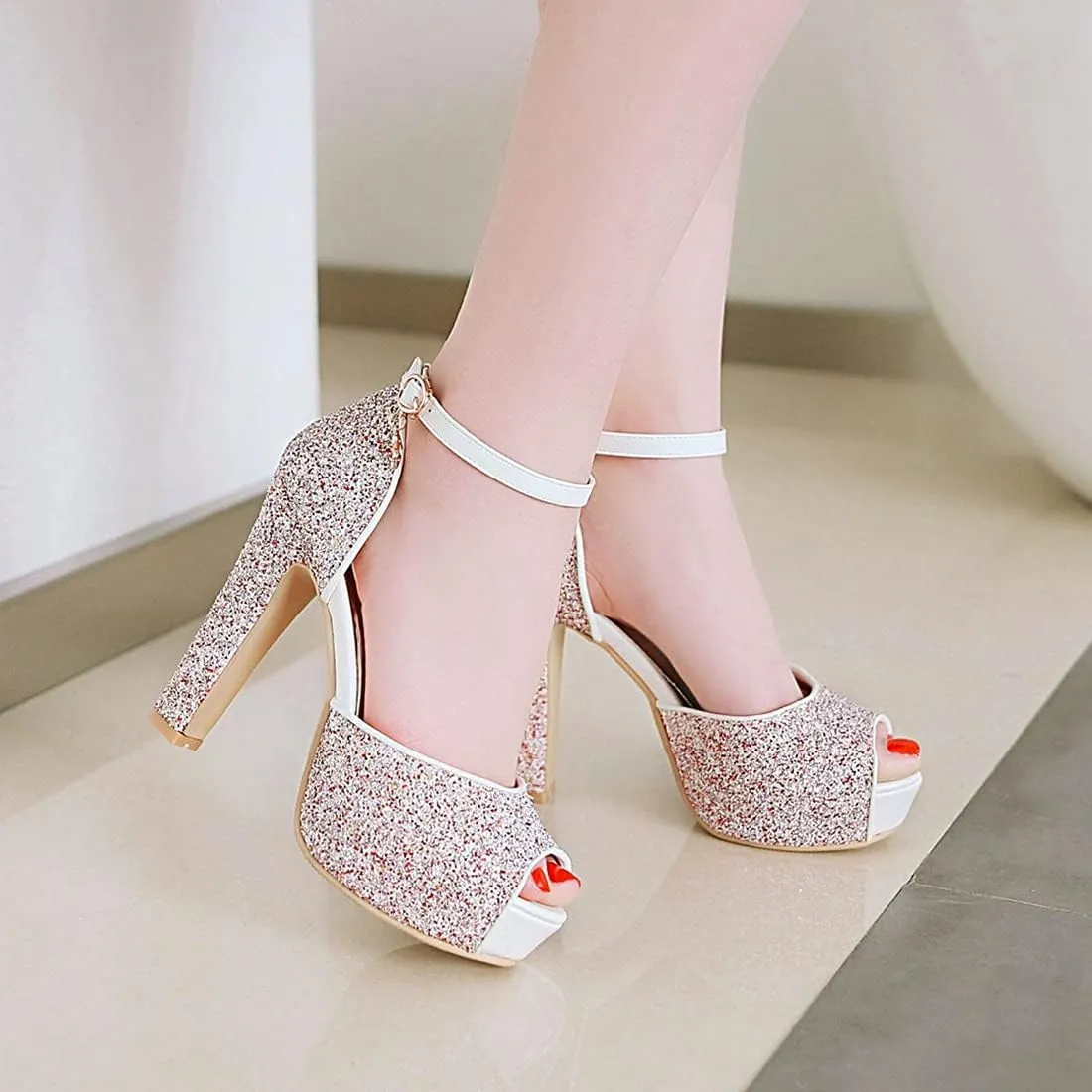 VOKLIN MISTU Women's Fashion Glitter Platform High Heel Dressy Sandals Peep Toe Party Evening Pump Heeled Sandal