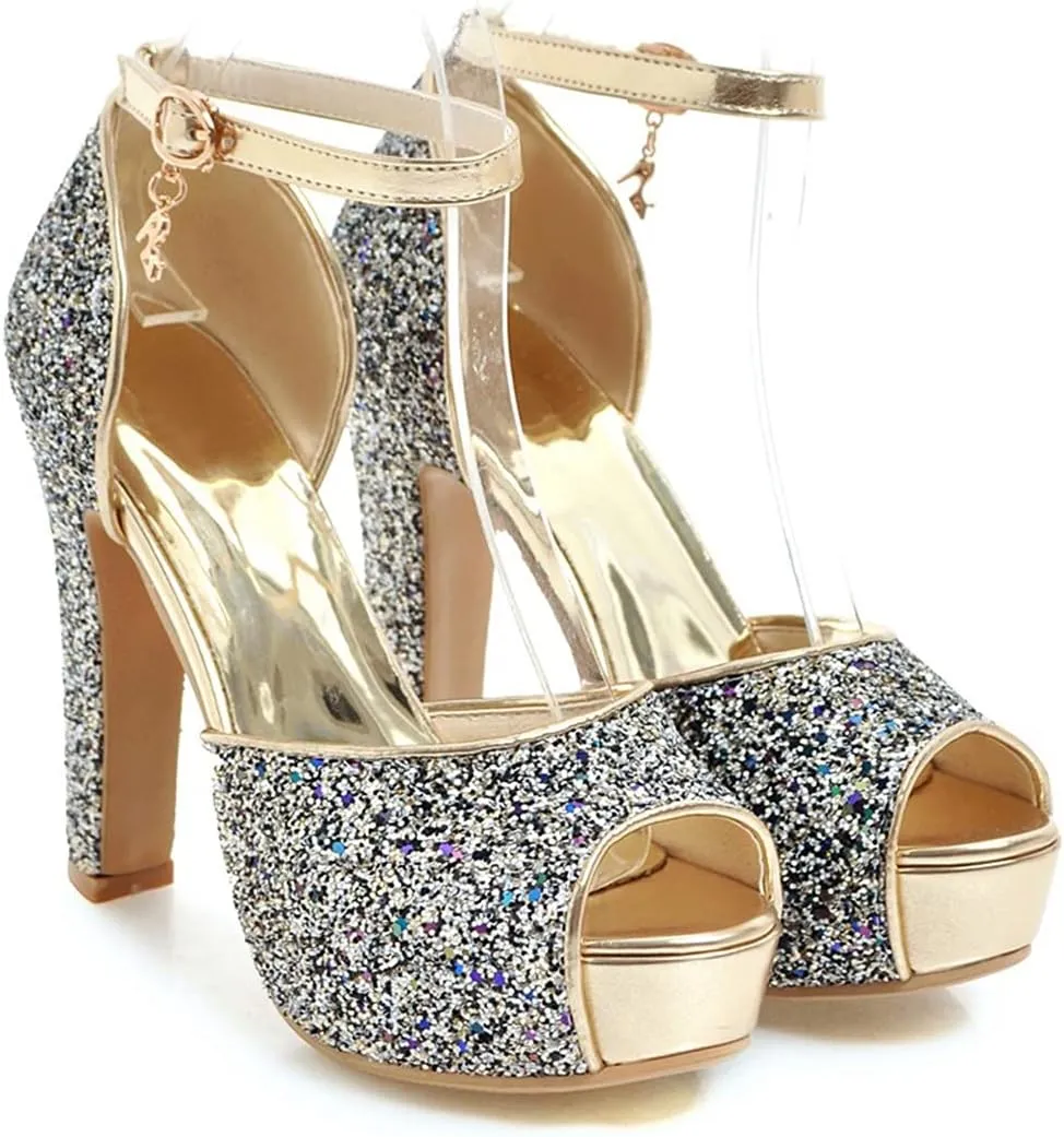 VOKLIN MISTU Women's Fashion Glitter Platform High Heel Dressy Sandals Peep Toe Party Evening Pump Heeled Sandal
