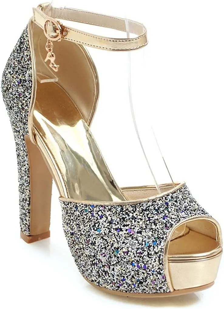 VOKLIN MISTU Women's Fashion Glitter Platform High Heel Dressy Sandals Peep Toe Party Evening Pump Heeled Sandal