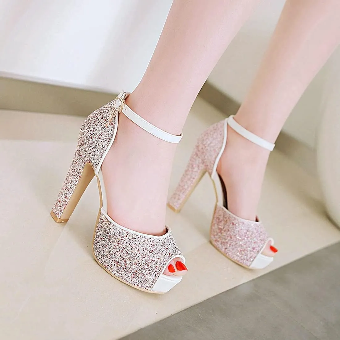 VOKLIN MISTU Women's Fashion Glitter Platform High Heel Dressy Sandals Peep Toe Party Evening Pump Heeled Sandal