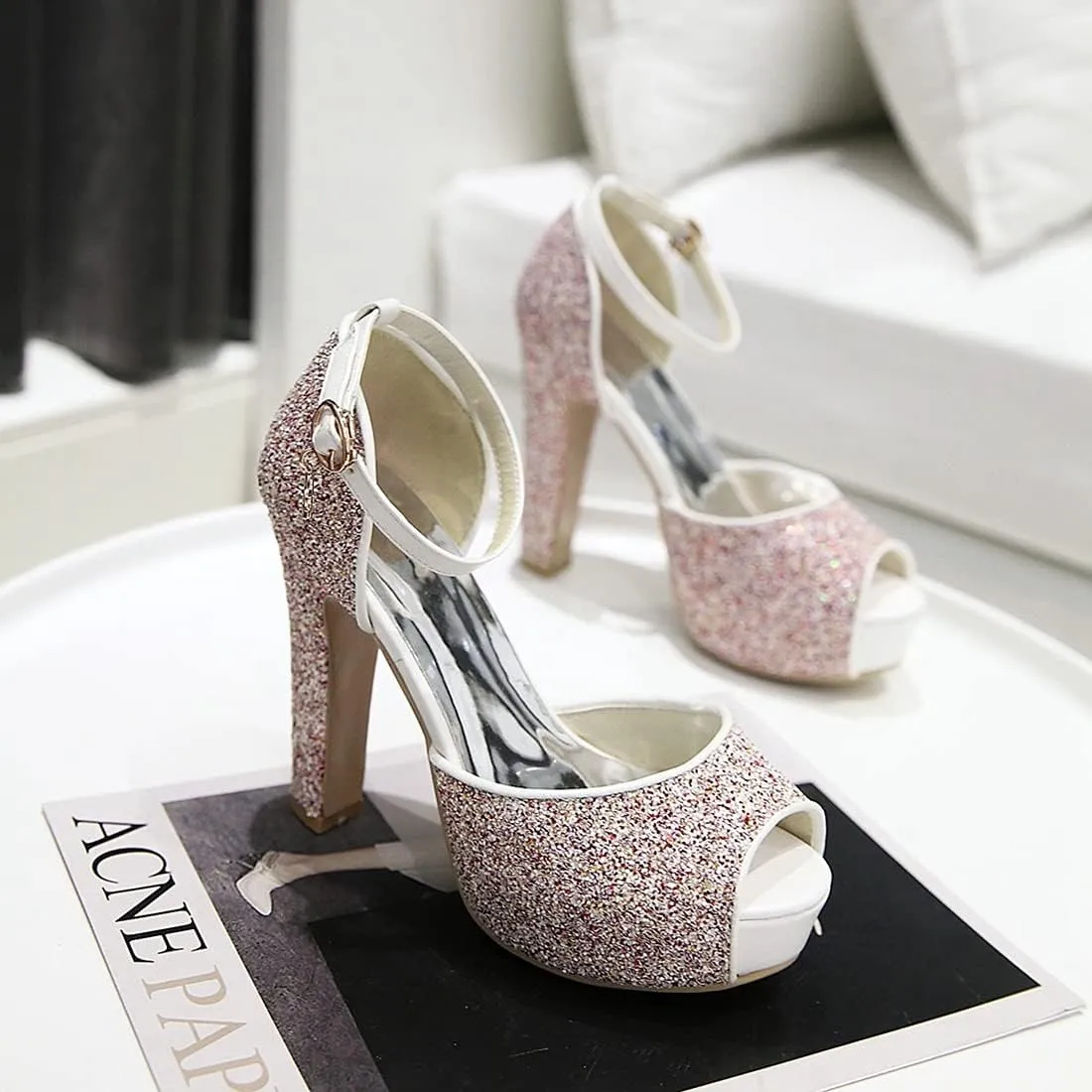 VOKLIN MISTU Women's Fashion Glitter Platform High Heel Dressy Sandals Peep Toe Party Evening Pump Heeled Sandal
