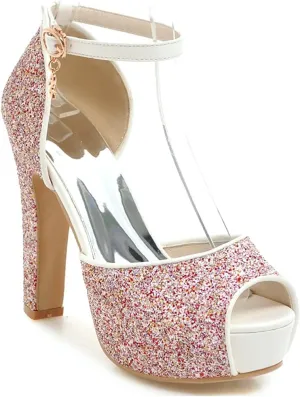 VOKLIN MISTU Women's Fashion Glitter Platform High Heel Dressy Sandals Peep Toe Party Evening Pump Heeled Sandal