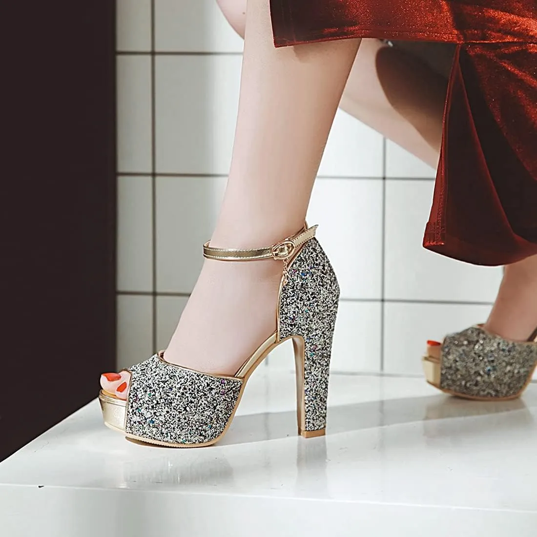 VOKLIN MISTU Women's Fashion Glitter Platform High Heel Dressy Sandals Peep Toe Party Evening Pump Heeled Sandal