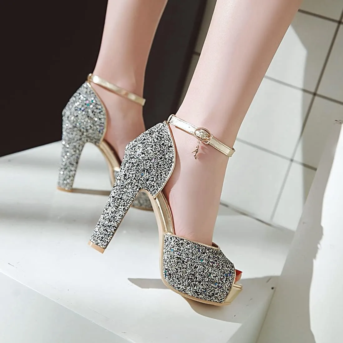 VOKLIN MISTU Women's Fashion Glitter Platform High Heel Dressy Sandals Peep Toe Party Evening Pump Heeled Sandal