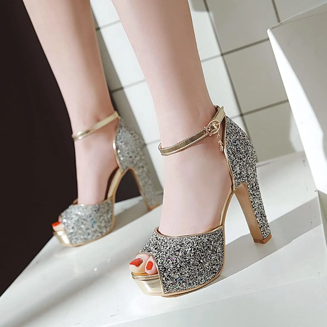 VOKLIN MISTU Women's Fashion Glitter Platform High Heel Dressy Sandals Peep Toe Party Evening Pump Heeled Sandal