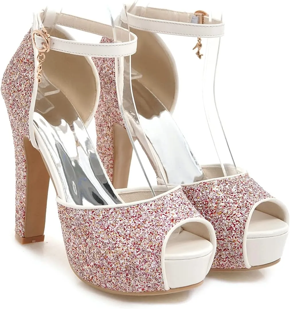 VOKLIN MISTU Women's Fashion Glitter Platform High Heel Dressy Sandals Peep Toe Party Evening Pump Heeled Sandal