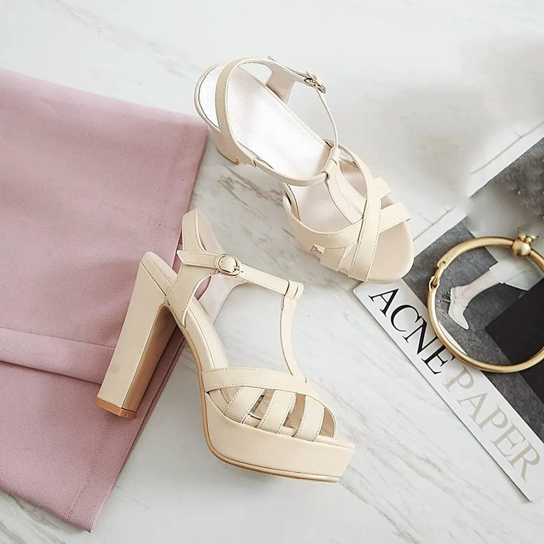 VOKLIN MISTU Women's Fashion T-strap Peep Toe Platform High Heel Sandals Party Evening Pump Dressy Heeled Sandal