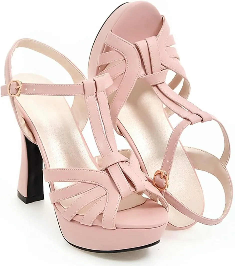VOKLIN MISTU Women's Fashion T-strap Peep Toe Platform High Heel Sandals Party Evening Pump Dressy Heeled Sandal
