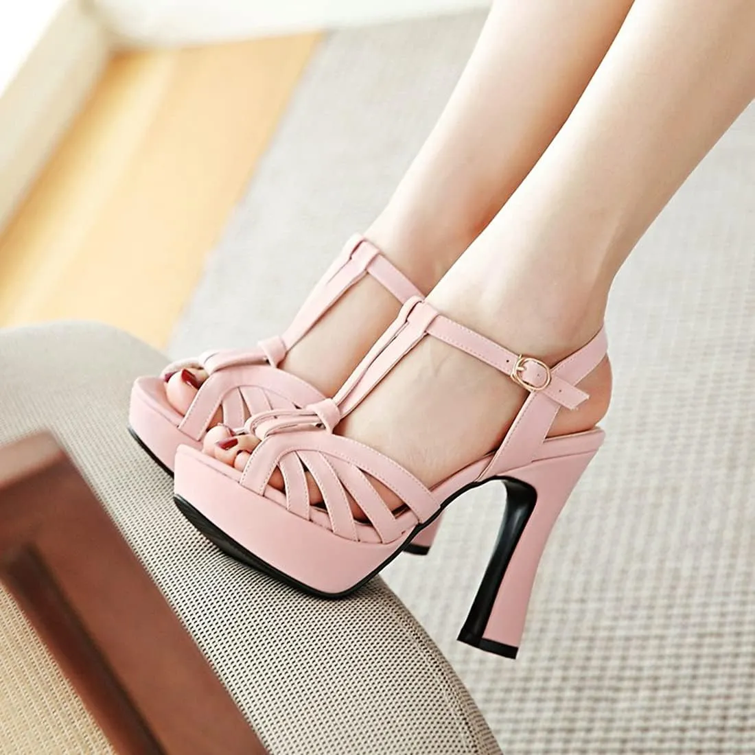 VOKLIN MISTU Women's Fashion T-strap Peep Toe Platform High Heel Sandals Party Evening Pump Dressy Heeled Sandal