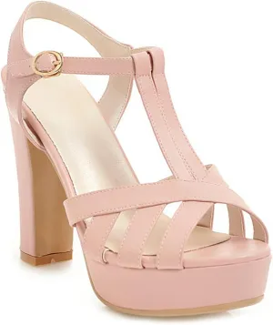VOKLIN MISTU Women's Fashion T-strap Peep Toe Platform High Heel Sandals Party Evening Pump Dressy Heeled Sandal