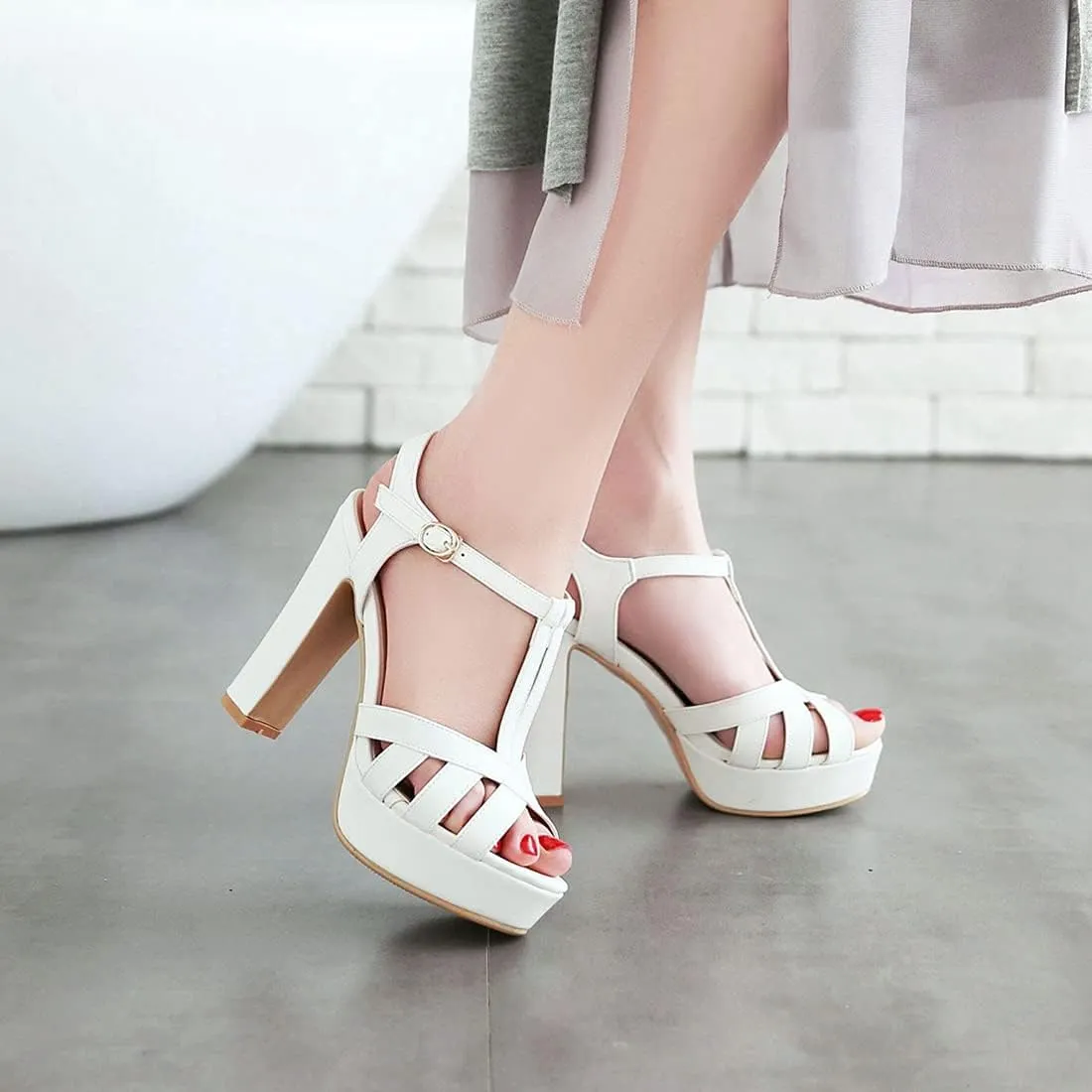 VOKLIN MISTU Women's Fashion T-strap Peep Toe Platform High Heel Sandals Party Evening Pump Dressy Heeled Sandal