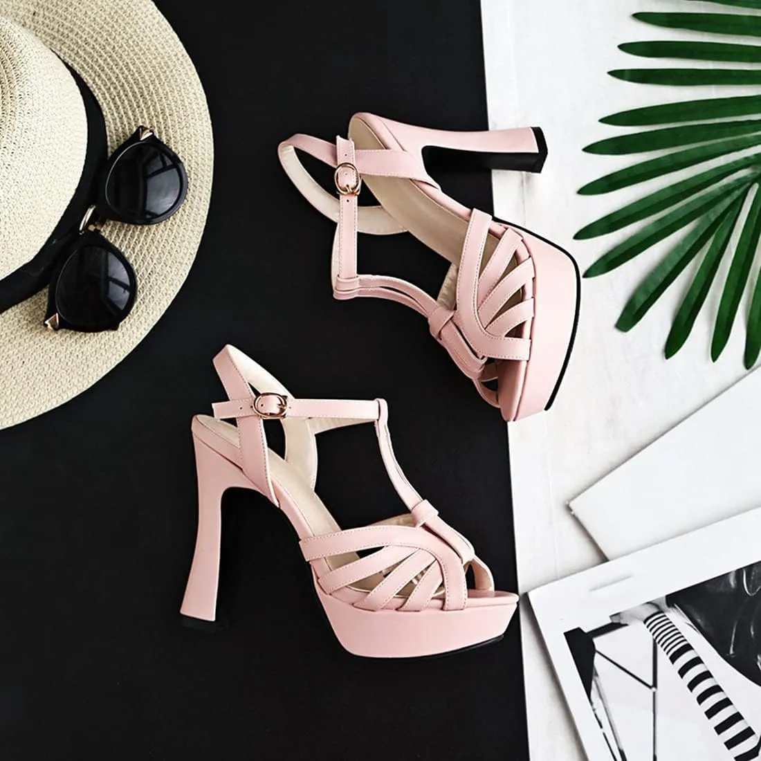 VOKLIN MISTU Women's Fashion T-strap Peep Toe Platform High Heel Sandals Party Evening Pump Dressy Heeled Sandal