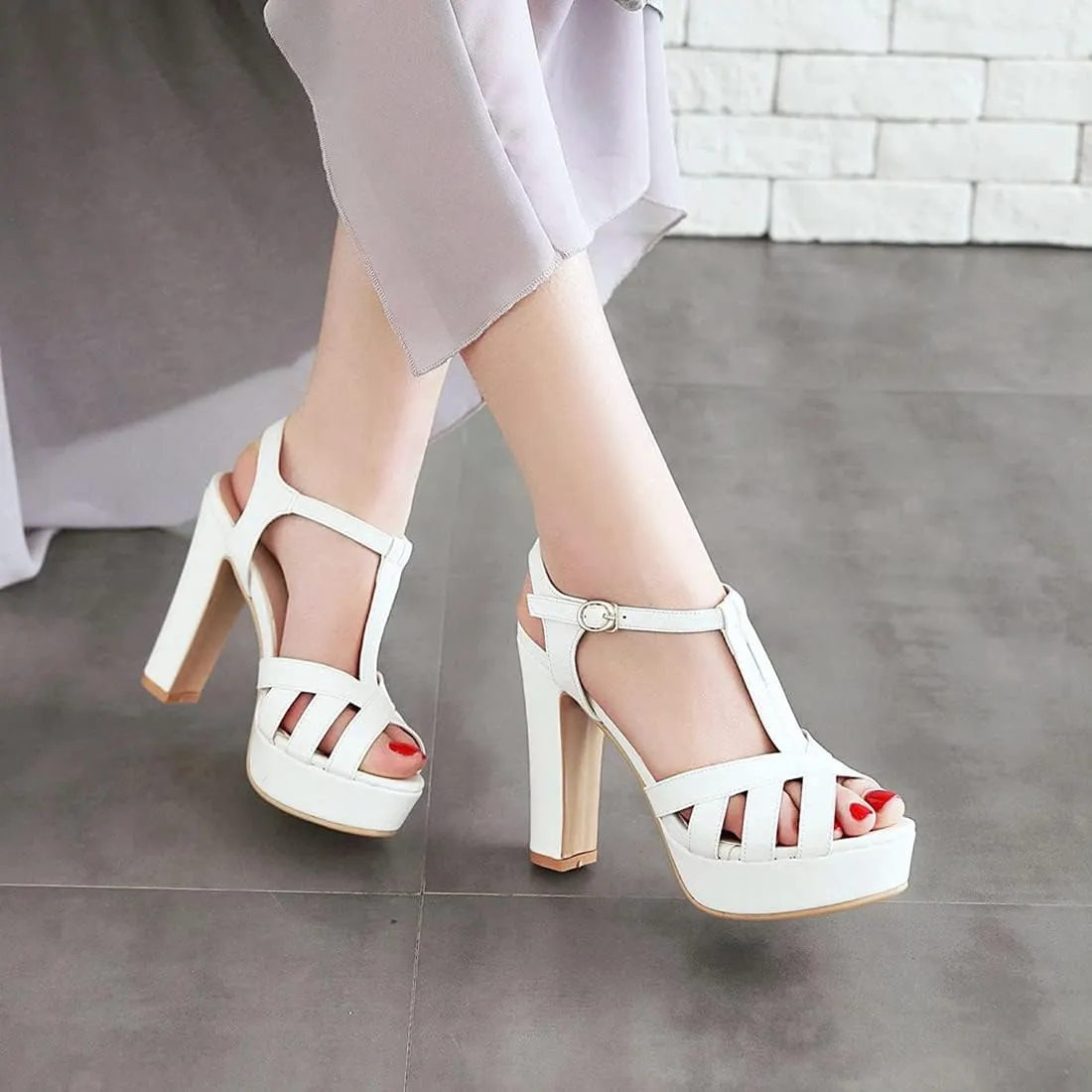 VOKLIN MISTU Women's Fashion T-strap Peep Toe Platform High Heel Sandals Party Evening Pump Dressy Heeled Sandal
