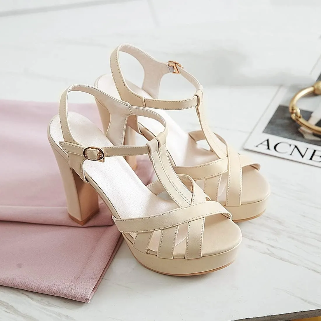 VOKLIN MISTU Women's Fashion T-strap Peep Toe Platform High Heel Sandals Party Evening Pump Dressy Heeled Sandal