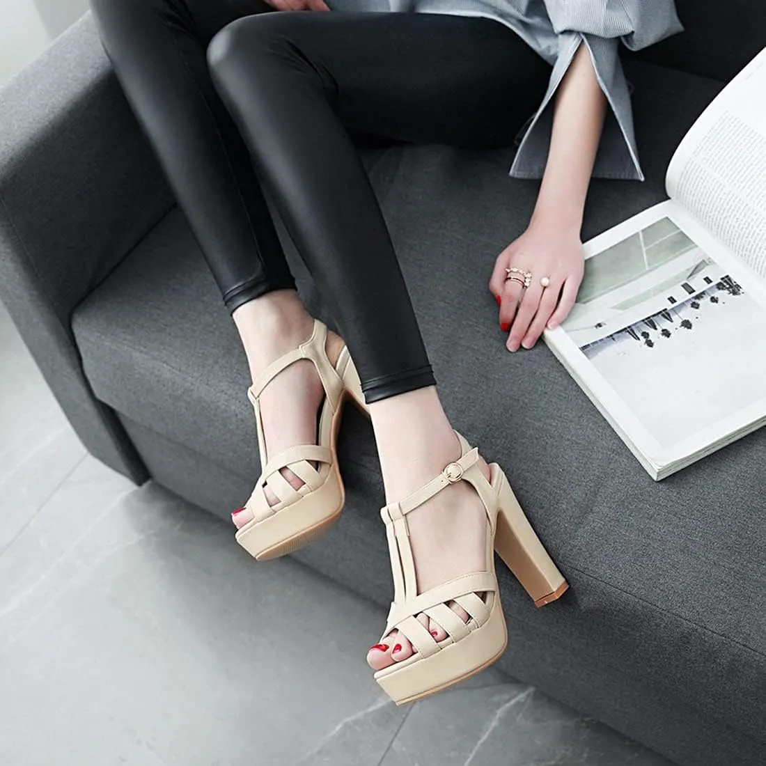 VOKLIN MISTU Women's Fashion T-strap Peep Toe Platform High Heel Sandals Party Evening Pump Dressy Heeled Sandal