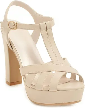 VOKLIN MISTU Women's Fashion T-strap Peep Toe Platform High Heel Sandals Party Evening Pump Dressy Heeled Sandal