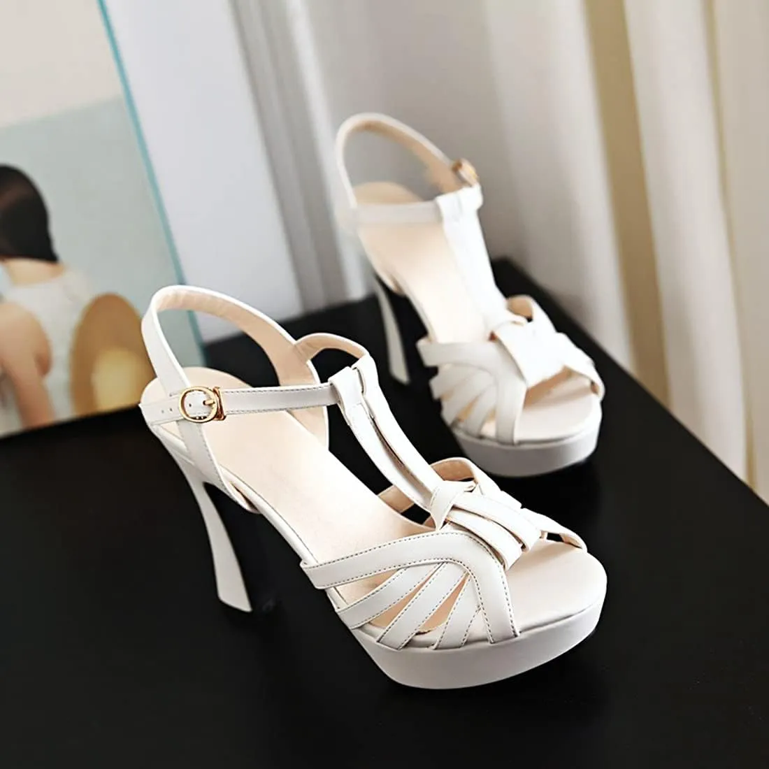 VOKLIN MISTU Women's Fashion T-strap Peep Toe Platform High Heel Sandals Party Evening Pump Dressy Heeled Sandal