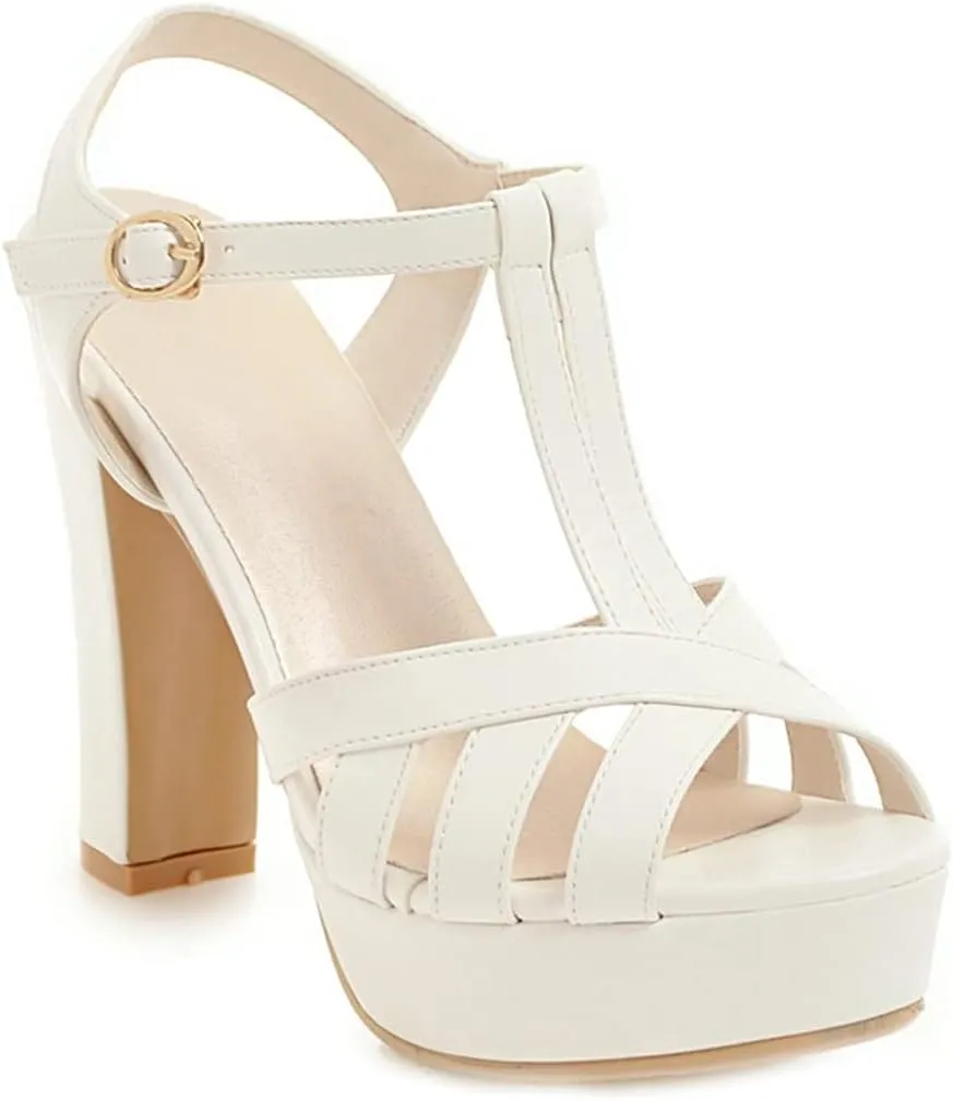 VOKLIN MISTU Women's Fashion T-strap Peep Toe Platform High Heel Sandals Party Evening Pump Dressy Heeled Sandal