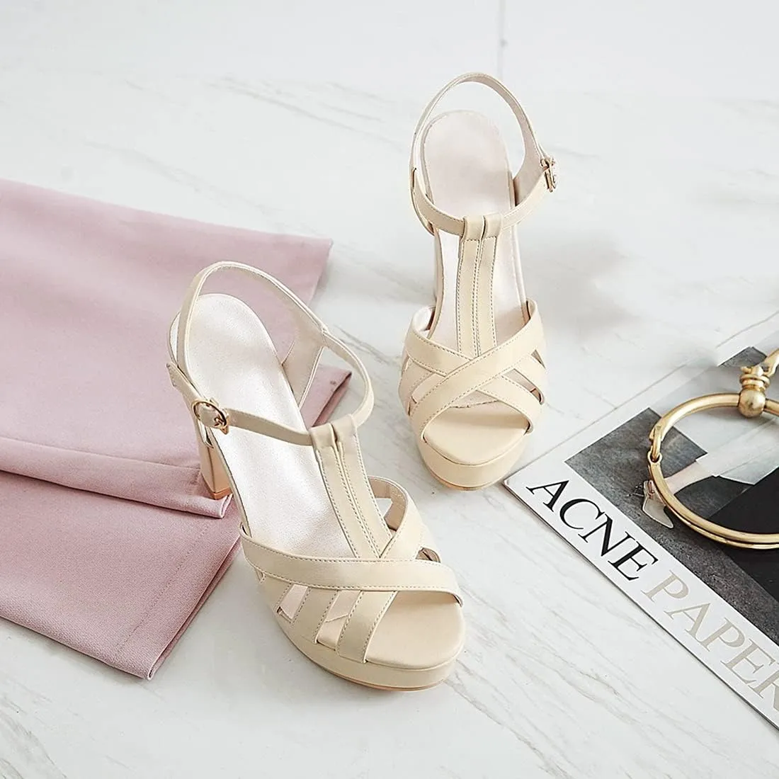 VOKLIN MISTU Women's Fashion T-strap Peep Toe Platform High Heel Sandals Party Evening Pump Dressy Heeled Sandal